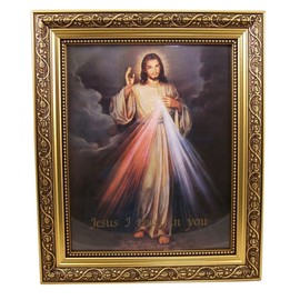 Gerffert The Divine Mercy Jesus Christ Print in 13 Inch Gold Finish Frame