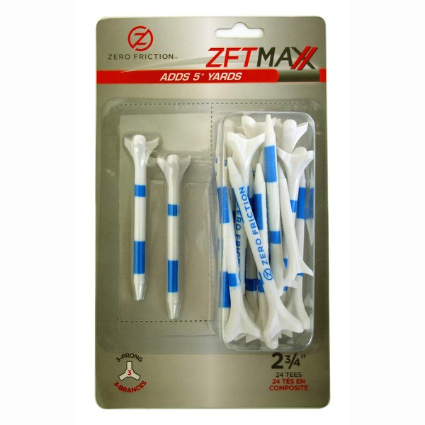 Zero Friction Unisex MAXX 3-Prong 2-3/4 Golf Tees, White/Blue (24 Tees/Pack) White