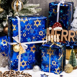 MAYPLUSS Hanukkah Wrapping Paper Roll - 17In * 32.8 Ft - Navy Blue Star of David Gift Wrap Present Paper with Metallic Foil Design for Chanukah Jewish Festival, Christmas, Party, Holiday & DIY Craft