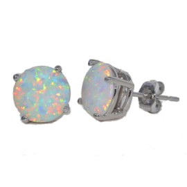 8mm Simulated Opal Round Stud Earrings .925 Sterling Silver Rhodium Finish