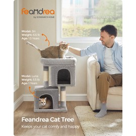 Feandrea Cat Tree, 26.4-Inch Cat Tower, S, Cat Condo for Kittens up to 7 lb, Large Cat Perch, 2 Cat Caves, Scratching Post, Light Gray UPCT611W01