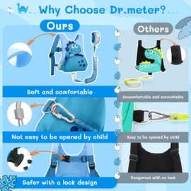 Dr.meter Children's Leash, Anti-Lost Backpack with 1.2 m 360° Rotating Safety Belt, 3-in-1 Cute Dinosaur with Lock, Safety Belts, Safety Equipment for Outdoor (Blue)