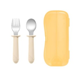 NURTUREBLOOM, Stainless Steel and BPA Free Silicone Fork and Spoon Set with Travel Case for Baby/Toddler (Cream)