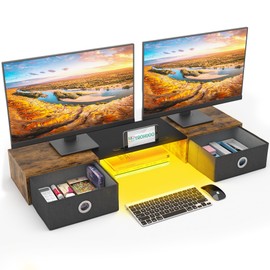 YAOHUOO Dual Monitor Stand with LED Light 2 Drawers, Computer Monitor Riser for 2 Monitors, Large Desktop Organzier with Storage for PC/Laptop/Computer/TV Screen/Printer
