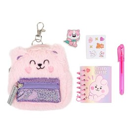 VOTUM Pink Bear Keychain Charm for Backpacks, Purses, Handbags, Car Keys with Stationery Set - Includes Mini Notebook, Gel Pen, Eraser, Stickers - Portable & Fun Gift for Tweens & Adults Ages 8+