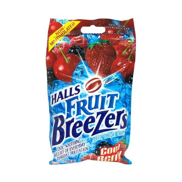 Halls Fruit Breezers Pectin Throat Drops, Cool Berry, 25-Count Bags (Pack of 12)