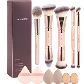MAANGE 12Pcs Brochas Maquillaje, 5 Brochas de Maquillaje Premium de Doble Punta y 6 Esponjas para Pulir Líquidos, Cremas, Polvos, Difuminar y Contornear el Rostro(Almendra)