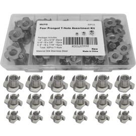 IEUYO Stainless Steel T-Nut, 1/4" 5/16" 3/8" 4-Prong Heavy Duty Tee Nut for Wood, Cabinetry, Rock Climbing Holds, Threaded Insert, Furniture 3 Sizes - 50Pcs Kit