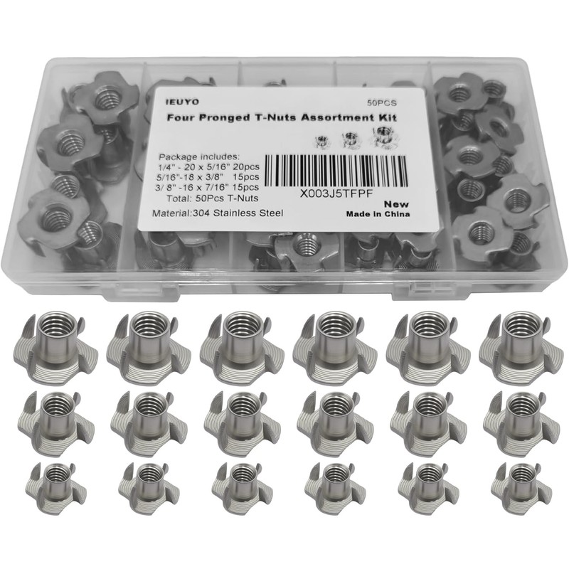 IEUYO Stainless Steel T-Nut, 1/4" 5/16" 3/8" 4-Prong Heavy Duty