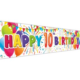Happy Birthday 10th Banner - Birthday Decorations - Birthday Backdrop - Bday Banner Background 180 x 40cm / 6 x 1.3ft with 4 brass holes (White)