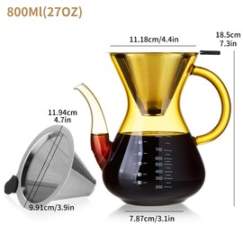 MESNEY Handfilter Kaffeekanne 800ml – Glas Kaffeebereiter mit Edelstahlfilter, Wiederverwendbarer Permanentfilter, Hitzebeständiges Borosilikatglas, Tropffreies Design für Kaffee und Tee