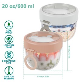 2pcs Overnight Oat Container 20oz/600ml Breakfast On the Go Cups with Lid and Foldable Spoon Reusable Overnight Oats Jar Portable Yogurt Cup Leak-Proof(White+pink)