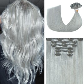 Ukira Silver Hair Extensions Real Human Hair, 70g 22 Inch 7pcs Clip in Hair Extensions Real Human Hair Grey Hair Extensions, Natural Straight Real Human Hair Clip in Extensions for Women