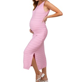 OUGES Women's 2025 Summer Maternity Dress for Photoshoot Baby Shower Midi Dress Sleeveless Crewneck Side Slit Bodycon Knit Sweater Dress(Light Pink,S)
