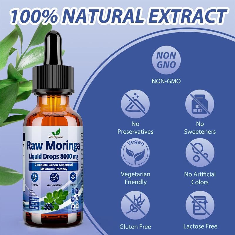 Raw Moringa Liquid Drops 8000 mg, Organic Moringa Oleifera Leaf
