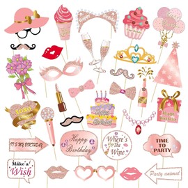 DOKLY 33 Pcs Happy Birthday Party Photo Booth Props Set of Rose Gold Selfie Party Supply and Decoration for Her Happy Birthday Party Favors Supplies Funny Decorations