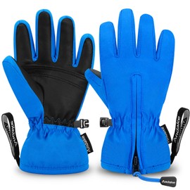 Andake Kids Ski Gloves Ages 2-10 Waterproof Winter Snow Gloves Warm Easy-to-Wear with Zippers for Children Unisex Boys and Girls Blue,3-6Y