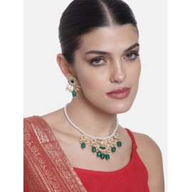 Aheli Indian Fashion Gold Plated Green Kundan Studded Long Necklace Earring Jewellery Set Gift for Women