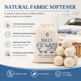 Premium Wool Dryer Balls 6-Pack - 100% Organic New Zealand Wool Natural Fabric Softener Reduces Drying Time & Static Reusable