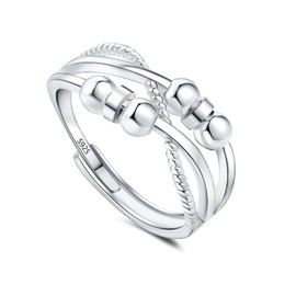Estrellique 925 Sterling Silver Anxiety Rings, 925 Silver Anxiety Rings for Anxiety Women Children Men, Open Adjustable Anti-Stress Ring with Zircon, 6/7/8 Spinning Beads Double Decompression Ring,