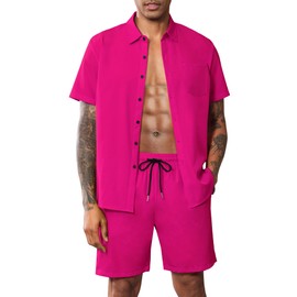 LecGee Men's 2 Piece Solid Color Set Short Sleeve Button Down Shirts Summer Beach Shorts Casual Outfits(Rose Red,L)