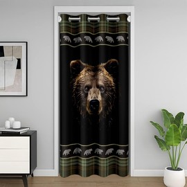 Brown Bear Head Door Curtain 34" W X 80" L Rustic Farmhouse Vintage Grid Doorway Curtain Privacy for Kids Teens Adults Cute Watercolor Wild Jungle Animal Cabin Curtain Drape for Bedroom Doors Windows