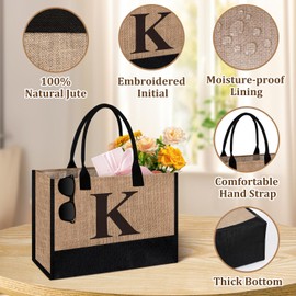 Initial Jute Tote Bag & Makeup Bag, Birthday Gifts for Women Her Mum Teacher, Suitable for Wedding, Beach, Holiday (K)