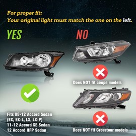 FEBERG [OE Style Anti-Yellowing Headlights Assembly Pair For 2008-2012 Honda Accord 4Dr Does NOT Fit Coupe Models Or Crosstour Models Replacement For 2008 2009 2010 2011 2012 Honda Accord Headlight