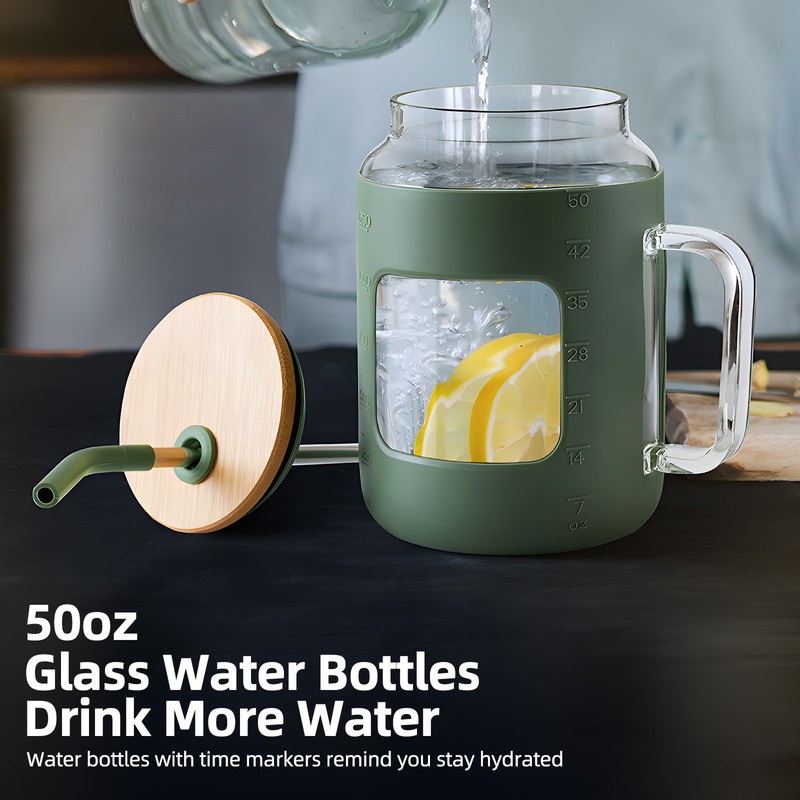 [通拓商品]50oz Glass Cup with Handle Reusable Bamboo Lids Water Bottle
