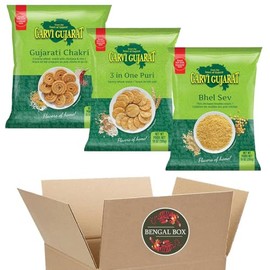 BENGAL BOX Garvi Gujarat Indian Snack Set – Bhel Sev, 3 in 1 Puri & Gujarati Chakri | Spicy Namkeen Combo | Vegetarian Indian Street Food – 3-Pack Variety (285g Each)