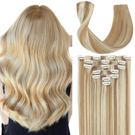 Befana Clip in Hair Extensions Real Human Hair,20inch 7 Pcs 90g #18A/613A Dark Blonde Highlighted Bleach Blonde Clip in Hair Extensions, Silky Strainght for Women Girls 20in #P18A/613A