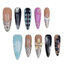 Handmade Press on Nails Soft Glam & Diamond Shine Reusable Coffin Shape – Nude & Black Nails with Silver Swirls & Diamond Gems, Luxurious Press-On Nails for Special Occasions