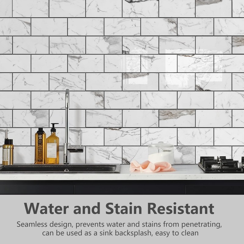 STICKGOO Subway Tile Peel and Stick Backsplash, Glossy White Marble