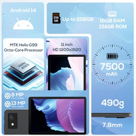 Android 14 Tablet, 11“ Android Tablets with Octa-Core Processor, 16GB RAM(8GB Expand) + 256GB ROM, 7500mAh, 8MP+13MP Dual Camera, Support 1TB Expand, WiFi 5 & BT 5.0 - 2025 Latest Android Tablets
