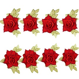 CENPEK 8Pcs Rose Flowers Patches Floral Cloth Paste Embroidered Sewing On Patch Ornaments Sticker for Clothes Badges Sewing Fabric Applique-Red