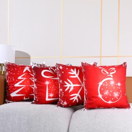 AMZQJD Pack of 4 Cushion Covers, Cotton Decorative Cushion Covers, Sofa Cushion Covers, Decorative Cushion Cover, Soft, for Living Room, Bedroom (Red Christmas, 45 x 45 cm)