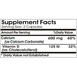 Calcium Carbonate 600mg & Vitamin D 125IU ~ 200 Capsules - No Additives ~ Naturetition Supplements