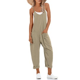 Lentta Women's Causal Jumpsuits V Neck Sleeveless Harem Overalls Stretchy Adjustable Strap Romper with Pockets(DarkKhaki-XXL)