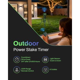 BN-LINK Outdoor Power Stake Timer, 100FT Wireless Remote Control, Dusk to Dawn Sensor for Outdoor Lights, 6 Grounded Outlets, 6ft Extension Cord, 1875W/15A,Christmas Decorations, ETL Listed
