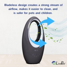 LivePure Bladeless Oscillating Fan w/Filter. 3-Speed Adjustment, Touch Control, Quiet Cooling Fan. Stand Up Fan for Bedroom, Office, Kitchen. Graphite