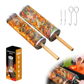 Rolling Grill Basket for Outdoor Grill, Nesting Grill Baskets 2 Pack with Removable Wooden Handles for Camping Picnic BBQ, 304 Stainless Steel Barbecue Tools Cages Set for Vegetables Meat Shrimp Fish
