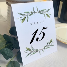 Laurel Wreath and Greenery Wedding Table Numbers, 1-15, Double Sided, Tent or Use in a Stand, Great for Parties & Restaurants - Made in the USA