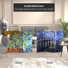 Red Lantern 3 ft. Short Double Sided Works of Van Gogh Canvas Folding Screen Irises/Starry Night Over Rhone 3 Panel Freestanding Partition and Separator for Modern and Contemporary Bedroom Home Office