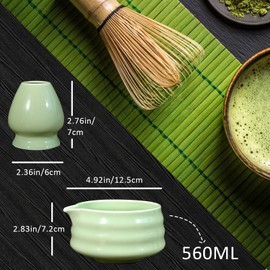 Matcha Bowl and Whisk Holder Set, 19 OZ Ceramic Tea Bowl with Spout and Whisk Stand, Japanese Tea Bowls for Matcha, Whisk Rest, Matcha Bowl Traditional Ceremonial Accessorie (Green)