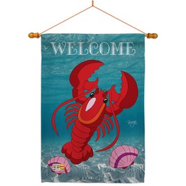 Lobster House Flag Dowel Set Animals Sea Creature Nautical Ocean Fish Outdoor Summer Marine Small Decorative Gift Yard Banner Double-Sided Made In USA 28 X 40