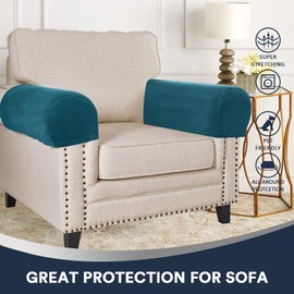 L.VICTEX Sofa Armrest Covers, 2 Pack, Deep Teal Velvet Plush Fabric, Furniture Accessories for Sofa, Recliner, Chair, Stretch, Durable, Velcro, Machine Wash