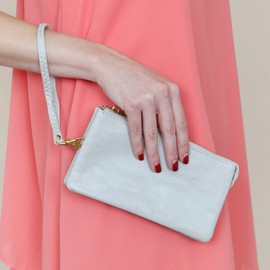 RIAH FASHION Convertible Faux Leather Wallet Purse Clutch - Mini Handbag Detachable Chain Crossbody Strap Phone Holder, Light Gray, 4 ⅔" x 7 ⅔" W