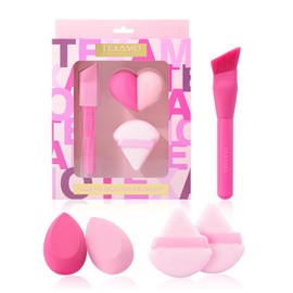 TEXAMO Foundation Brush with 2 Pcs Makeup Sponges, Professional Kabuki Brush for Liquid Cream and Powder, 2Pcs Powder Puff, Soft Blender Puff Face Triangle Makeup Puff