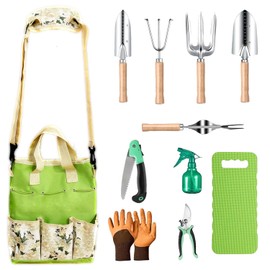 Stainless Steel Garden Tools Set with Wooden Handle & Pruning Shears, Lightweight Portable Gardening Kit - Easy Storage Ideal Gift for Women Gardeners (Set 2, 11)
