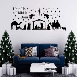 Christmas Nativity Scene Wall Decal - Unto Us a Child is Born Nativity Wall Sticker - Religious Vinyl Decal - Nativity Scene Wall Decor, VP5798